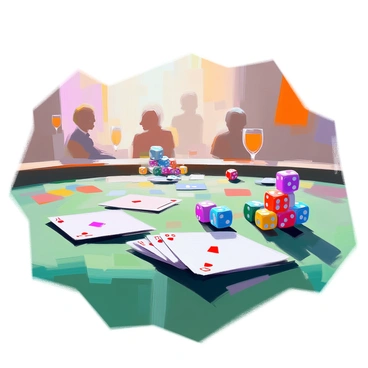 A classic casino scene featuring a green felt table covered with a variety of playing cards and colorful dice scattered across its surface. The cards are fanned out to show different suits, including hearts, spades, diamonds, and clubs. Several brightly colored dice are placed haphazardly, showcasing numbers ranging from one to six. The background includes blurred silhouettes of casino patrons engaged in games, adding to the lively atmosphere. Soft lighting casts gentle shadows across the table, highlighting the details of the cards and dice.