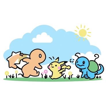 A "Charmander" with bright orange skin is playfully chasing a "Pikachu" with yellow fur, both of them in a sunny meadow filled with green grass and colorful wildflowers. Nearby, a "Bulbasaur" with a green bulb on its back is watching the two with curious eyes. In the background, a "Squirtle" with blue skin is playfully splashing water in the air, creating a cheerful atmosphere. The sun is shining brightly, casting soft shadows on the ground, while a few fluffy white clouds drift lazily across the blue sky.