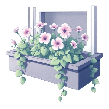 A window box attached to a house. The box is filled with blooming "petunias," displaying an abundance of flowers in various stages of bloom. The "hanging ivy" cascades over the edges, creating a lush, green curtain. The arrangement showcases the contrast between the vibrant flowers and the rich greenery of the ivy. The window box has a wooden texture and is positioned under a window, enhancing the overall charm of the scene.