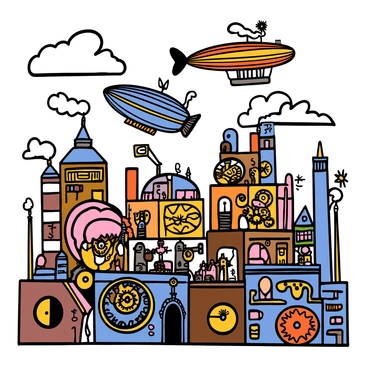 A steampunk world filled with intricate machinery and fantastical elements. There are towering airships floating in a bright sky with puffy clouds, featuring large propellers and steam billowing from their engines. The ground is bustling with people interacting with various clockwork inventions; some are mechanical creatures with gears and cogs visible, while others are ornate gadgets with brass and copper finishes. Buildings are adorned with pipes, gears, and Victorian-style architecture, creating a vibrant and lively scene that showcases the creativity of this unique world.