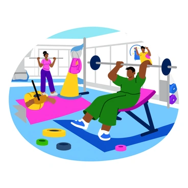 A person in a bright gym setting is following a chest press workout tutorial on their phone. The individual is positioned on a weight bench, holding the barbell above their chest in a focused manner. The phone is propped up on a nearby equipment stand, displaying a colorful video of an instructor demonstrating the chest press. There are various weights scattered around the floor, and other gym-goers are visible in the background, engaged in different workouts. The environment is well-lit, emphasizing the vibrant colors of gym equipment and attire.