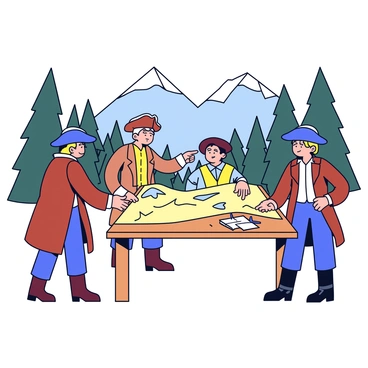 A group of historical explorers wearing period attire stands around a large, detailed map spread out on a wooden table. Each explorer is dressed in traditional clothing from the era, including a long, brown leather coat and a tricorn hat. One explorer points at a marked location on the map, while another leans in closely, studying the surrounding terrain. The background features dense, uncharted wilderness with tall trees and rugged mountains in the distance, hinting at adventure and discovery. The explorers are equipped with compasses and notebooks, ready to document their findings.