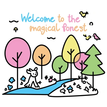A vibrant forest scene filled with a variety of trees, each displaying colorful leaves in shades of red, orange, yellow, and green. Sunlight filters through the canopy, creating dappled light on the forest floor. A cute, friendly deer with big eyes stands near a small clear stream, while a group of playful bunnies hops amidst the wildflowers. Birds with bright plumage flutter in the branches above, adding to the lively atmosphere of the illustration. "Welcome to the magical forest" is written in whimsical, colorful letters at the top of the image.