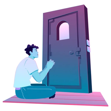 A person with medium skin tone and short black hair sits nervously on a wooden floor beside a heavy, locked door. The door is old and made of dark wood, featuring intricate carvings. A small keyhole is visible, allowing a soft, warm light to trickle through, illuminating the person's face and casting shadows on the floor. The person is wearing a plain white t-shirt and jeans, with their hands clasped tightly together. Their expression shows anxiety, and they are glancing anxiously at the door.