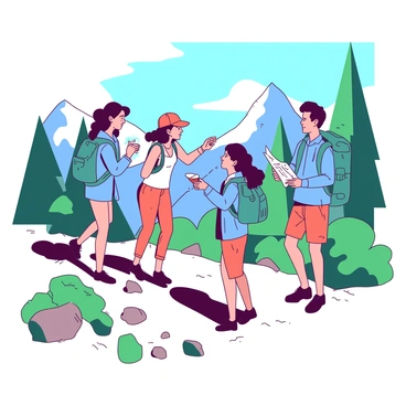 A group of four friends is hiking up a steep mountain trail, with two women and two men. One woman is wearing a teal backpack and is handing a snack to her friend, a man who is wearing a red baseball cap. The other woman, wearing a blue jacket, is encouraging the group with a smile, while the last man, dressed in orange shorts, is checking a map. The trail is surrounded by green trees and rugged rocks, with a clear blue sky visible above. Each friend is enjoying the hike as they support one another.