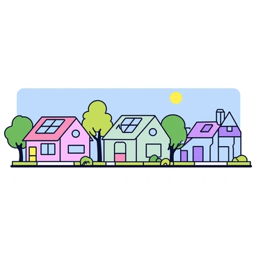 A neighborhood with several houses lined along a quiet street. Each house is different in color, showcasing cheerful pastel shades like light pink, mint green, and sky blue. On the rooftops of each house, there are solar panels reflecting the sunlight. The houses have small front yards with green grass and a few scattered flower beds. There are also trees along the street providing shade, and a clear blue sky overhead.