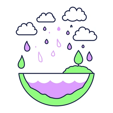 An illustration showing the water cycle in detail. At the top, there are fluffy clouds with varying shapes and sizes. Below the clouds, drops of rain are falling onto the ground. On the ground, there is a body of water, such as a lake or pond, reflecting the clouds above. Above the body of water, vapor is rising into the air, representing evaporation. Arrows indicate the direction of water movement from the clouds to the ground and back to the atmosphere.