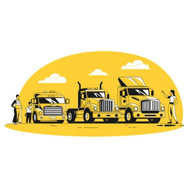 A lineup of trucks parked side by side on an asphalt surface, showcasing their designs. Each truck features intricate patterns and bold graphics, with a variety of shapes and sizes visible. The sunlight casts shadows on the ground, highlighting the trucks' features. A few people can be seen admiring the vehicles, pointing and discussing their details. In the backdrop, a clear sky stretches overhead, providing a bright atmosphere for the truck show.