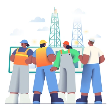 A diverse group of workers in safety gear is actively operating on an oil rig. There are four workers: a woman with dark skin wearing a blue hard hat and an orange safety vest, a man with light skin wearing a yellow helmet and a green jumpsuit, a woman with medium skin wearing a red helmet and grey overalls, and a man with brown skin wearing a white hard hat and dark blue work boots. They are collaborating around a large control panel with various buttons and screens. In the background, there are tall oil rig structures and equipment. The sky is clear with a few fluffy clouds scattered above.