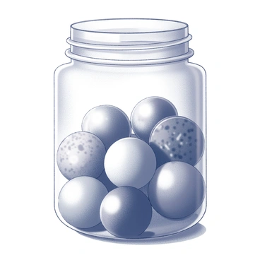 A glass jar is filled with an assortment of marbles. The marbles vary in size and shape, creating a textured surface as they rest against one another. The jar is transparent, allowing a clear view of the marbles inside. Light reflects off the surfaces of the marbles, creating highlights and shadows. The jar has a smooth, rounded shape with a wide opening at the top. It is placed on a flat surface, which subtly mirrors the reflections from the marbles.