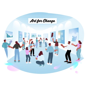 A spacious gallery filled with various artworks addressing social issues. Several artists are standing beside their pieces, explaining their work to attendees. The artworks include paintings, sculptures, and mixed media installations, each conveying a powerful message. The audience is diverse, with individuals engaged in discussions, looking closely at the art, and taking notes. Soft lighting illuminates the gallery, casting gentle shadows on the walls. A large banner above the entrance reads "Art for Change."