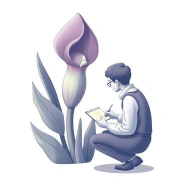A botanist is crouched down, intently observing a large corpse flower. The flower has a prominent, deep burgundy bloom with a wide-open corolla, revealing its intricate structure. The botanist is taking notes in a small notebook, with a pencil in hand, focused on capturing details of the flower's unique features. Surrounding the flower are large green leaves, providing a lush backdrop. The scene includes a gentle light highlighting the botanist and the flower, emphasizing the textures of the petals and the botanist's expression of concentration.