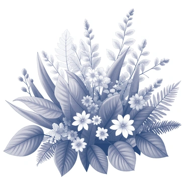 A detailed scene featuring a dense collection of various leafy plants. The greenery includes large, broad leaves and delicate ferns, creating a rich texture. Scattered throughout are blooming flowers with distinct shapes and sizes, their petals fully opened, showcasing intricate details of their structure. The composition is full of vibrant natural elements, intertwining and overlapping, enhancing the depth and complexity of the background.