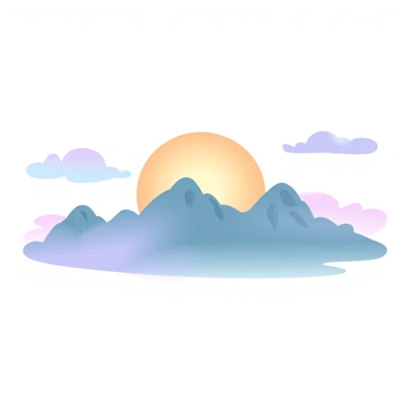 A distant mountain range is silhouetted against the sky as the sun sets. The scene is filled with a subtle gradient of colors transitioning from warm oranges and soft yellows at the horizon to cooler purples and blues higher up. The mountains have a rugged texture, and the sky gradually shifts in tone, creating a peaceful, serene atmosphere. A few scattered clouds reflect the hues of the sunset, enhancing the overall color display.