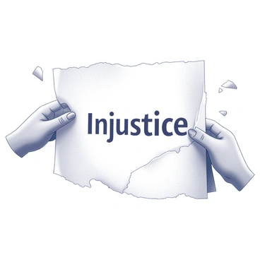 A sheet of white paper with the word "Injustice" prominently written across it in bold letters. The paper is being torn in half from the center, creating jagged edges on both sides. The hands gripping the paper are applying pressure, showcasing the motion of the tearing action. Small fragments of the paper are flying away from the tear, emphasizing the force being exerted. The background is plain, allowing the focus to remain on the paper and the act of tearing.