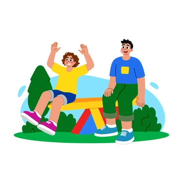 Two kids of equal weight are sitting on opposite ends of a colorful seesaw in a park. The first child, a girl with curly brown hair, is wearing a bright yellow t-shirt and denim shorts. She is smiling and holding her hands up in the air. The second child, a boy with short black hair, is dressed in a blue t-shirt and green shorts, and he is laughing while leaning slightly forward, with his hands resting on his knees. The seesaw is painted in vibrant colors, with a red and blue design, and there are green grass and trees in the background, creating a lively park atmosphere.