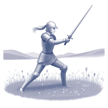 A female figure in medieval armor is practicing sword fighting in a grassy field. She has a helmet partially lifted to reveal her determined expression. Her stance is steady, with one foot forward and sword raised, ready to strike. The grass surrounding her is tall and wispy, swaying gently in the breeze. In the background, there are distant hills that add depth to the scene. A few scattered wildflowers can be seen amidst the grass, enhancing the natural setting. The overall composition captures a moment of focused training.