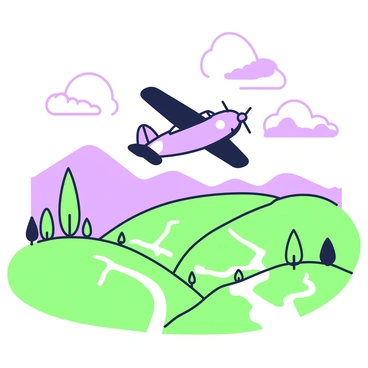 A vintage airplane is flying above a scenic landscape. The airplane features a classic design with a sleek body and large propellers. Below, rolling hills stretch out, dotted with patches of green trees and fields. There are winding rivers that reflect light, and a distant mountain range can be seen on the horizon. The sky is clear with a few fluffy clouds scattered throughout, adding depth to the atmosphere. The combination of the airplane and the landscape creates a sense of adventure and discovery.