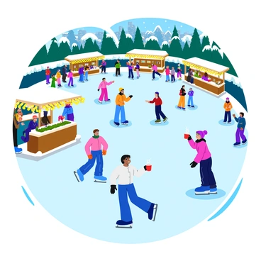 A bustling winter festival scene with numerous people ice skating on a large, gleaming rink surrounded by snow-covered trees. Some individuals are wearing colorful winter clothing, such as bright scarves and knitted hats, while others are gracefully gliding across the ice. Nearby, groups of friends are gathered around wooden stalls, sipping steaming mugs of hot cocoa topped with whipped cream. The stalls are adorned with twinkling festive lights that illuminate the area, creating a warm and inviting atmosphere. In the background, festive decorations and snowy rooftops complete the charming winter scene.