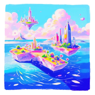 A futuristic landscape features several floating islands suspended in the sky. Each island is adorned with vibrant green vegetation and intricate crystalline structures that reflect the sunlight. Below, a shimmering ocean stretches out, its surface glistening with shades of blue and turquoise. The sky is filled with wispy clouds, and there are distant silhouettes of futuristic buildings rising from some of the islands. A gentle breeze creates ripples on the ocean's surface, adding to the dynamic beauty of the scene.