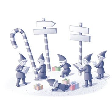 A snowy landscape at the North Pole, featuring a series of candy cane signposts directing to various locations. Each signpost is tall and curved, designed to resemble giant candy canes. In the foreground, a group of elves is actively engaged in different tasks. Some elves are wrapping brightly colored gifts, while others are assembling toys and checking lists on parchment. The elves have pointy hats and cheerful expressions, showcasing their dedication as they work in unison in this festive setting. Snow gently falls around them, adding to the wintry atmosphere.