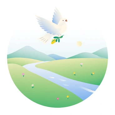 A dove flying above a peaceful landscape holding an olive branch