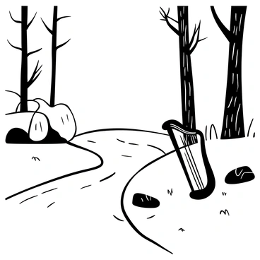 A black-and-white illustration of a harp and a lyre resting on the grassy bank beside a calm river. The river flows gently, with smooth, wavy lines indicating its surface. Light ripples create subtle patterns in the water. In the background, tall trees stand with textured bark and leafless branches. The sky above is clear, providing a sense of openness in the scene. A few rocks are scattered along the riverbank, enhancing the natural setting.