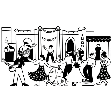 A festive parade scene in Carthage featuring musicians playing various instruments, surrounded by dancers wearing traditional attire with intricate patterns. The musicians are positioned on one side, holding instruments like drums, flutes, and string instruments. The dancers, in motion, are displaying traditional dance poses, with flowing garments that create dynamic shapes. There are decorative banners and garlands hanging above the street, adding to the festive atmosphere. The background includes historical buildings characteristic of Carthage, with columns and arches visible.