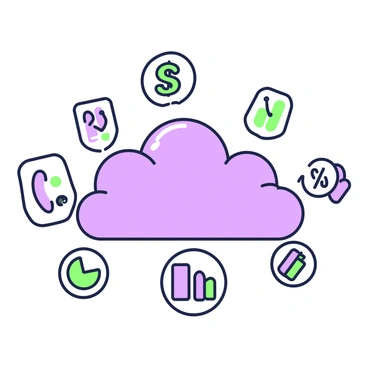 A digital cloud is positioned centrally in the image, appearing fluffy and outlined prominently. Surrounding the cloud, there are various financial data icons floating in the air. These icons include a dollar sign, a pie chart, a line graph, and a bar graph. Each icon is clearly defined and represents different aspects of financial data. The cloud has a subtle sheen, giving it a dynamic and modern appearance. The financial icons are arranged in a circular pattern around the cloud, creating a sense of movement and interaction between them.