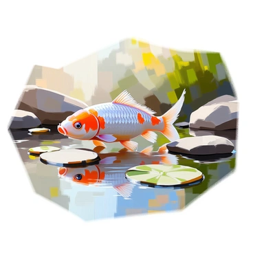 A vibrant koi fish with orange, black, and white patterns swimming gracefully, causing ripples to spread across the surface of a still pond. The water is clear, revealing smooth stones at the bottom. Soft greenery surrounds the pond, with delicate lily pads resting on the surface. Light filters through the trees, casting gentle reflections on the water.