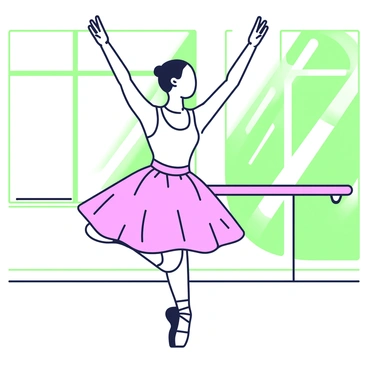 A ballet dancer is captured mid-leap in a dance studio. She is wearing a fitted white leotard and a flowing pink tutu that flares out around her. Her arms are elegantly extended above her head, and her toes are pointed. The wooden floor reflects the soft light coming from large windows that line one side of the studio. Mirrored walls show glimpses of the dancer's form and movement. In the background, a barre is mounted along the wall, completing the studio setting. 