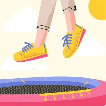 A close-up view of two feet mid-air as they bounce on a colorful trampoline. The feet are wearing vibrant sneakers, with dust and slight motion blurs indicating movement. The trampoline's surface is visible, with a textured mesh pattern and bright spring colors surrounding the feet. The background features a sunlit sky, enhancing the feeling of energy and action as the feet propel upward.