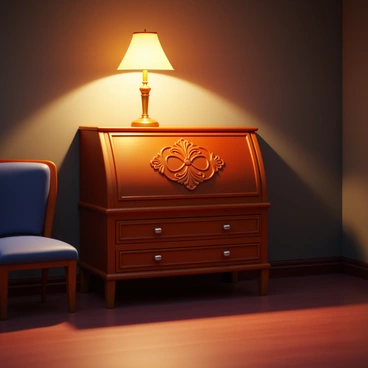 A dimly lit room featuring a wooden secretaire with ornate carvings. On top of the secretaire, there is a classic brass lamp with a soft, yellow shade, casting a warm glow. The light accentuates the textures of the wood and the subtle patterns of the room's wallpaper. Shadows play across the floor, creating a cozy and inviting atmosphere. A chair sits next to the secretaire, adding to the sense of a personal space.