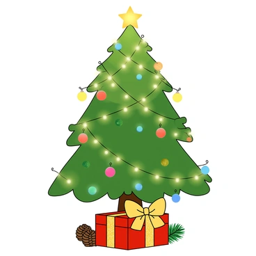 A large green Christmas tree adorned with colorful ornaments, twinkling fairy lights, and a bright star on top. Beneath the tree, there is a beautifully wrapped parcel with shiny red and gold wrapping paper. The parcel is topped with a large, glittering bow in golden yellow. The tree’s branches are heavy with decorations, and a few pinecones are scattered on the ground nearby. Soft, warm light emanates from the tree, casting a gentle glow around the scene, highlighting the festive atmosphere.