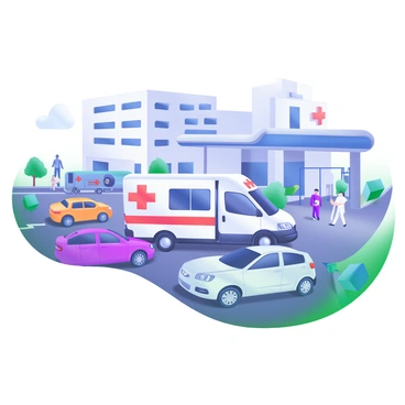 A medical transport van is parked prominently in a busy hospital parking lot. The van is white with red and blue markings, clearly indicating its purpose. Surrounding the van are various vehicles of different colors and sizes, including sedans, SUVs, and a small delivery truck. In the background, a large hospital building is visible, with several people walking toward the entrance. The scene conveys a sense of activity, with some hospital staff in scrubs and patients being escorted by family members. Bright sunlight casts shadows across the parking lot, emphasizing the everyday hustle and bustle of the hospital environment.
