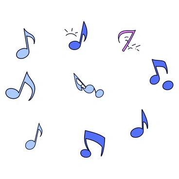 A collection of scattered music notes in various shapes and sizes. Each note has a small, cartoonish sad face with downturned eyes and frowning mouths, expressing a sense of longing. The notes are placed against a simple white background, enhancing their visibility and emphasizing their emotions.