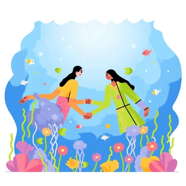 A vivid underwater scene depicting a "varmala exchange" between two figures. One figure has long flowing hair and is wearing a colorful garment, while the other figure is adorned in a traditional outfit with intricate patterns. They are surrounded by an array of "floating flowers" in various colors, gently swaying with the water currents. Sunlight filters through the surface, casting shimmering patterns on the ocean floor. Small fish swim gracefully around them, adding to the enchanting atmosphere of the underwater celebration.