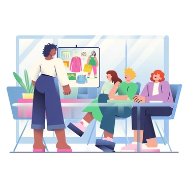 An illustrator with medium skin and curly black hair is standing in a modern office, presenting fashion sketches to a group of editors. The illustrator is wearing a fitted white blouse and dark blue pants, holding a large presentation board displaying vibrant fashion sketches of various outfits. The editors, three women with different hairstyles and professional attire, are seated around a sleek glass table, attentively looking at the sketches. Sunlight streams through large windows, illuminating the contemporary design of the office, which features minimalist furniture and potted plants in the background.