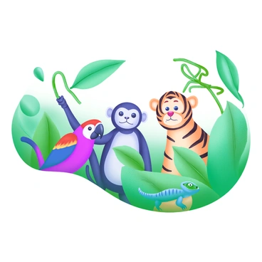 A modern pastel illustration featuring a variety of jungle animals peeking through lush green foliage. In the lineup, there is a vividly colored parrot with bright red and blue feathers, a curious monkey with a long tail, and a sleek tiger with orange and black stripes. Additionally, a small chameleon blends into the leaves with its green and blue skin. The animals are positioned among large, broad leaves and vines, creating a vibrant and lively atmosphere.