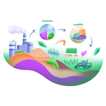 A modern pastel illustration featuring a large, central diagram depicting various sources of soil pollution. At the top, an industrial factory emits smoke and has a chimney, labeled with the word "Factories". On one side, a colorful landfill is depicted with piles of waste, labeled "Landfills". On the opposite side, fields with crops are shown, accompanied by a tractor and labeled "Agriculture". Arrows connect these sources to a background representing contaminated soil, emphasizing their impact. Each element is visually distinct, providing clarity to the diagram.