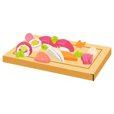 A wooden tray featuring a variety of colorful sushi rolls and sashimi. The sushi rolls are vibrant, displaying a mix of pink, green, and yellow ingredients wrapped in shiny seaweed. Assorted slices of sashimi in shades of pink and orange are arranged beautifully on the tray. Decorative garnishes, such as bright green wasabi and thinly sliced radishes, are placed around the sushi. The background is simple, allowing the focus to remain on the detailed presentation of the sushi platter.