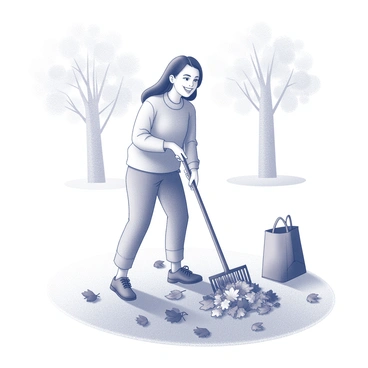 A person raking a pile of leaves in a park. The individual has a content expression while engaging with the task, showing a sense of appreciation for their surroundings. The leaves are depicted in varying shapes and sizes, representing the transition of seasons. The scene captures the person wearing a cozy sweater and comfortable pants, with a rake in one hand and a leaf bag nearby. Sunlight filters through the trees, creating dappled patterns on the ground, enhancing the atmosphere of the setting.