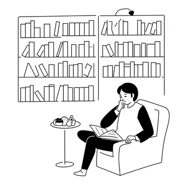 A quiet library corner with someone enjoying fika, surrounded by shelves of books and a reading lamp