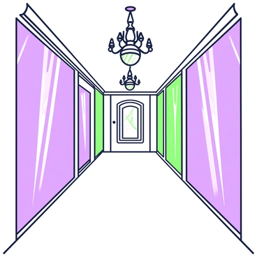 A hallway made entirely of crystal, with walls that shimmer and reflect various hues as light passes through. The ceiling is high and adorned with crystal chandeliers, casting intricate light patterns on the floor. The floor is smooth and also made of crystal, creating a seamless transition from the walls. At the far end of the hallway, there is a large, ornate crystal door, leading to another room. The atmosphere feels bright and luminous, with beams of light refracting off the surfaces.