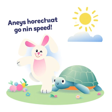 A confident rabbit with glossy white fur and large, expressive ears is standing on its hind legs, boasting about its speed. Its eyes are bright and full of determination. Next to it, a calm turtle with a textured, green shell is resting on the ground, looking unfazed. The setting is a grassy field dotted with wildflowers in various colors. The sun shines brightly above, casting soft shadows on the ground. A clear blue sky is visible in the background, indicating a perfect day for a race.