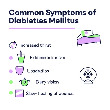An infographic is displayed on a light background, outlining common symptoms of diabetes mellitus. At the top, the title reads "Common Symptoms of Diabetes Mellitus" in bold. Below the title, a list of symptoms is presented in bullet points. Each symptom is accompanied by a small green and purple icon. The first symptom is "Increased thirst," represented by a glass of water. The second symptom, "Frequent urination," is depicted with a toilet icon. "Extreme fatigue" follows, illustrated with a bed icon. Next, "Blurry vision" is shown alongside an eye icon. Finally, "Slow healing of wounds" is represented with a bandage icon. Each icon is designed with green and purple outlines. The overall layout is clean and organized for easy reading.