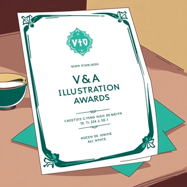 A white formal invitation card featuring elegant typography in bold black letters reading "V&A Illustration Awards 2024." The card is adorned with intricate teal borders, adding a touch of sophistication. In the center, there is an ornate teal emblem representing the awards. Below the title, the details of the event are printed in smaller black text, outlining the date, time, and venue. The card is elegantly placed on a polished wooden table, with a soft teal cloth underneath, enhancing its formal presentation.