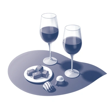 A luxurious table setting with a rich velvet tablecloth. On the table, there are elegant wine glasses filled with a deep liquid, casting reflections on the surface. Next to the glasses, an assortment of chocolates is displayed, including various shapes and sizes, some wrapped in shiny foil, drawing attention to their tempting appearance. A small plate holds a few truffles, artfully arranged. The overall composition exudes a sense of indulgence and pleasure, inviting viewers to imagine the experience of savoring the fine wine and chocolates.