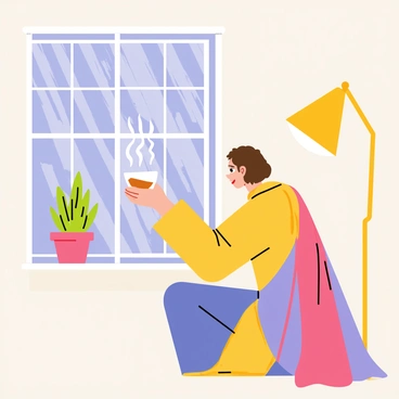 A person sitting by the window, wrapped in a cozy, multicolored blanket. The person has short brown hair and is wearing a soft, oversized sweater. In their hands, they hold a steaming cup of tea, with wisps of steam rising into the air. Outside the window, raindrops are cascading down the glass, creating a blurred effect. The scene is softly illuminated by the warm glow of a nearby lamp, casting gentle shadows in the room. A few potted plants can be seen on the windowsill, adding a touch of greenery to the indoor atmosphere.