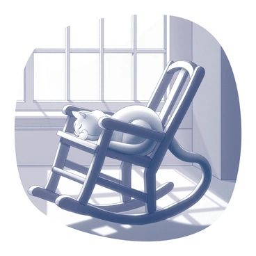 A cat is napping on a wooden rocking chair. The cat is curled up, with its tail wrapped around its body, and its eyes are closed. Sunlight streams through a nearby window, casting a warm glow across the scene. The rocking chair has a classic design with curved rockers and slats in the back. The room is adorned with simple furnishings, creating a cozy atmosphere. There are soft shadows on the floor from the chair and the cat, enhancing the tranquil feel of the space.